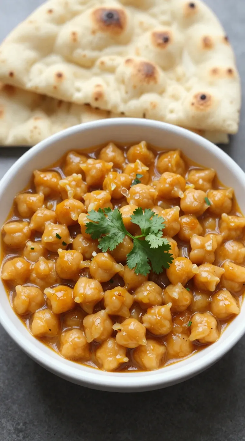 bowl of saucy chickpeas with naan, cilantro garnish