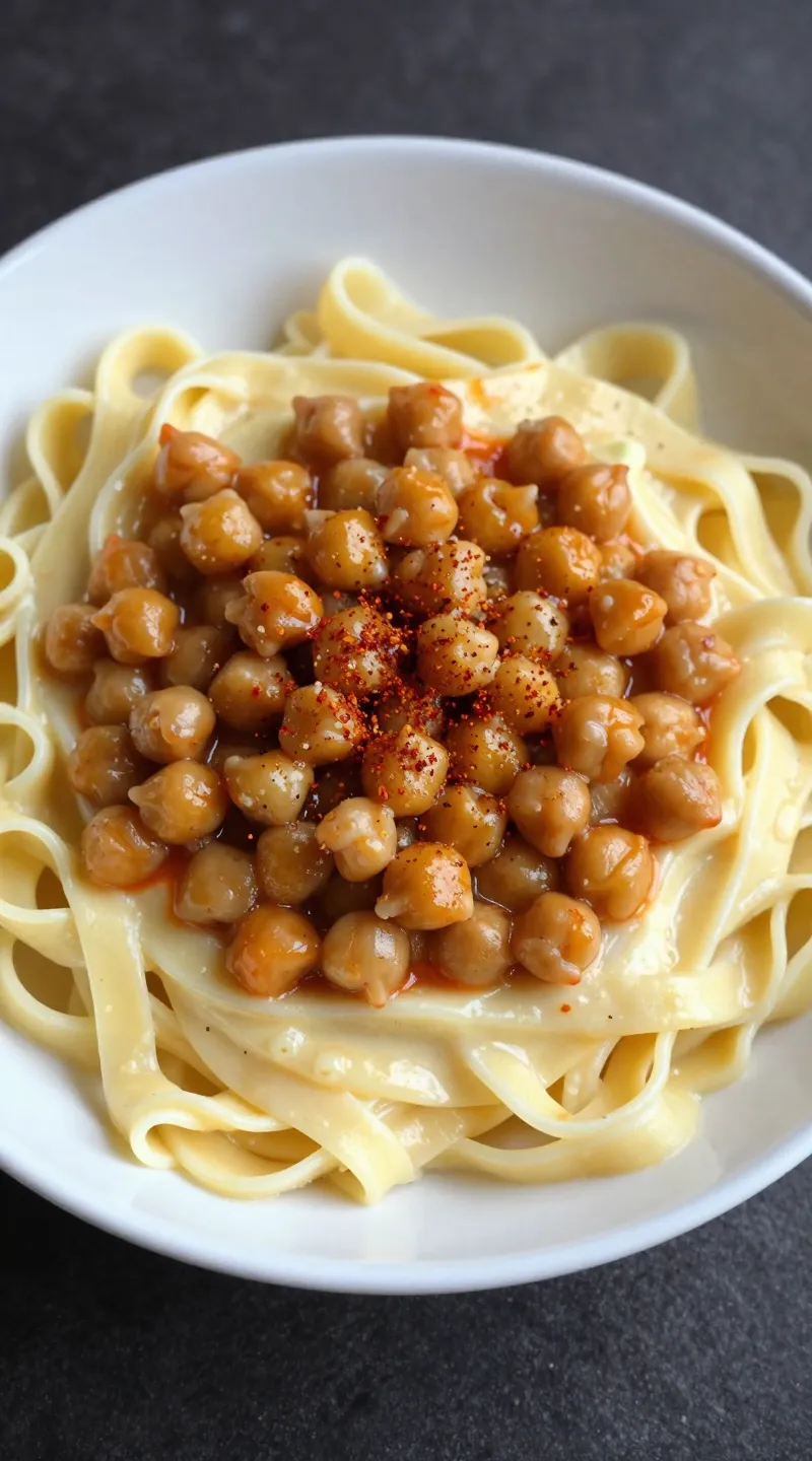 Bowl of chickpea paprikash over buttered noodles, paprika garnish