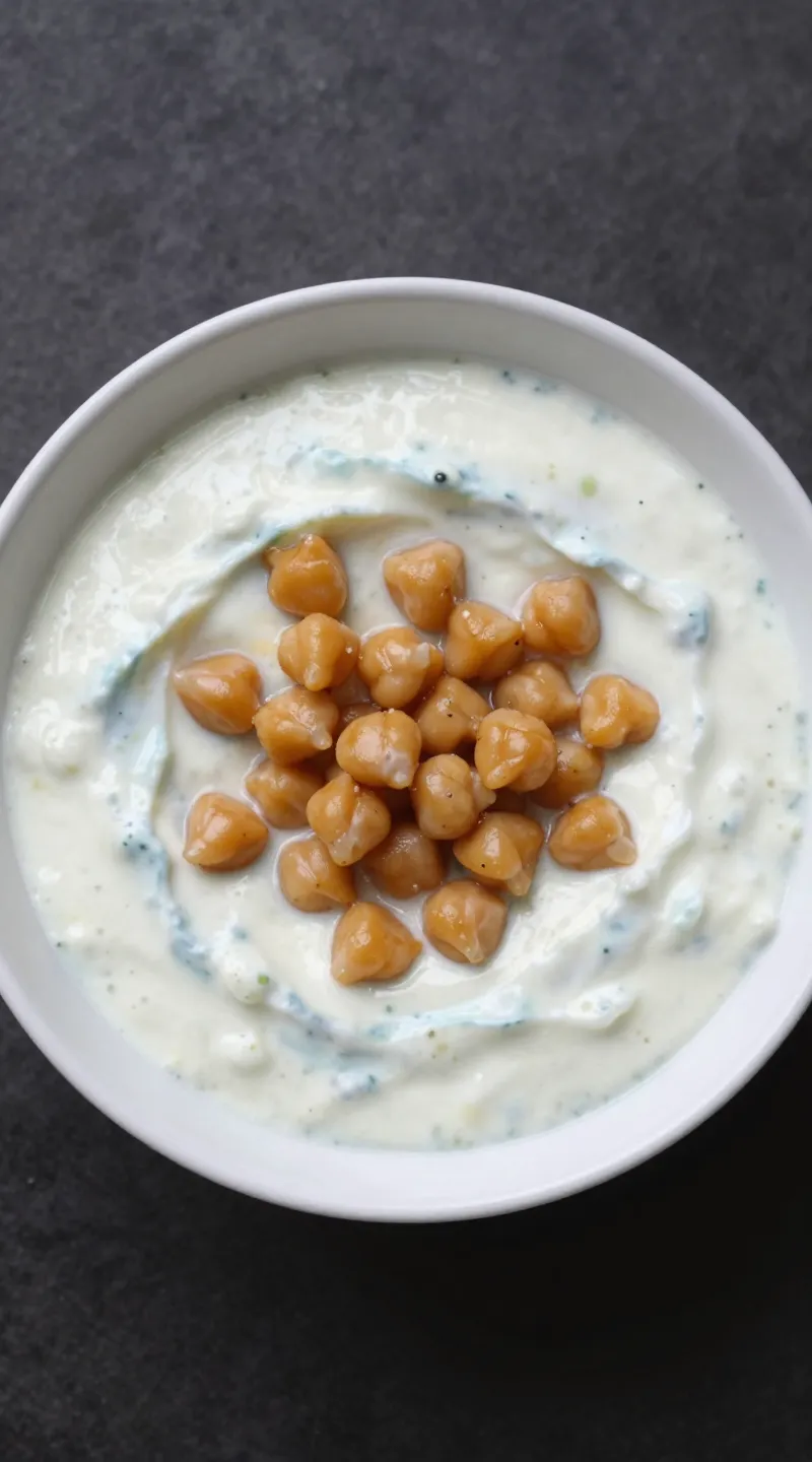 Tzatziki chickpea salad in white bowl, overhead
