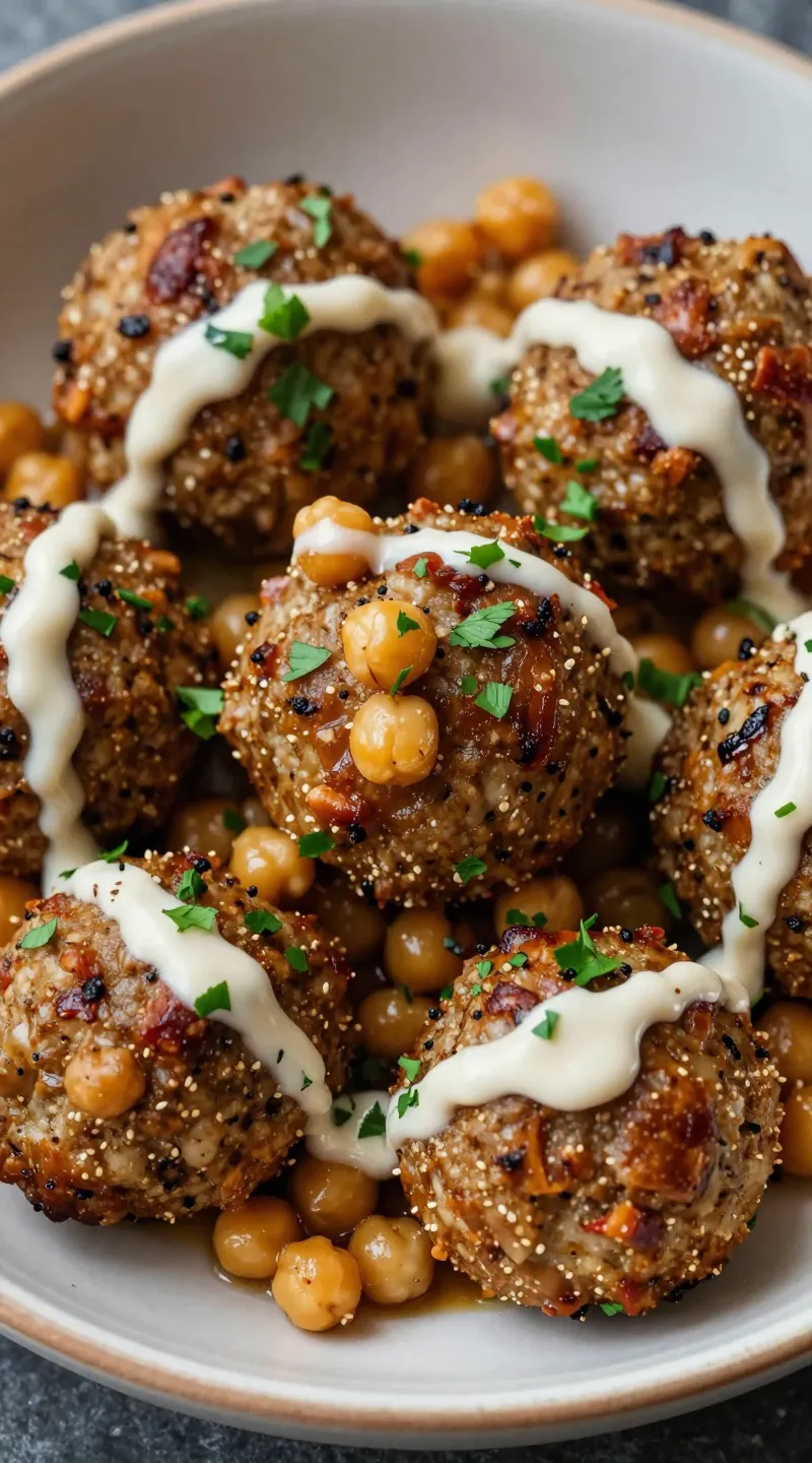 Juicy chickpea meatballs with tahini drizzle, parsley garnish