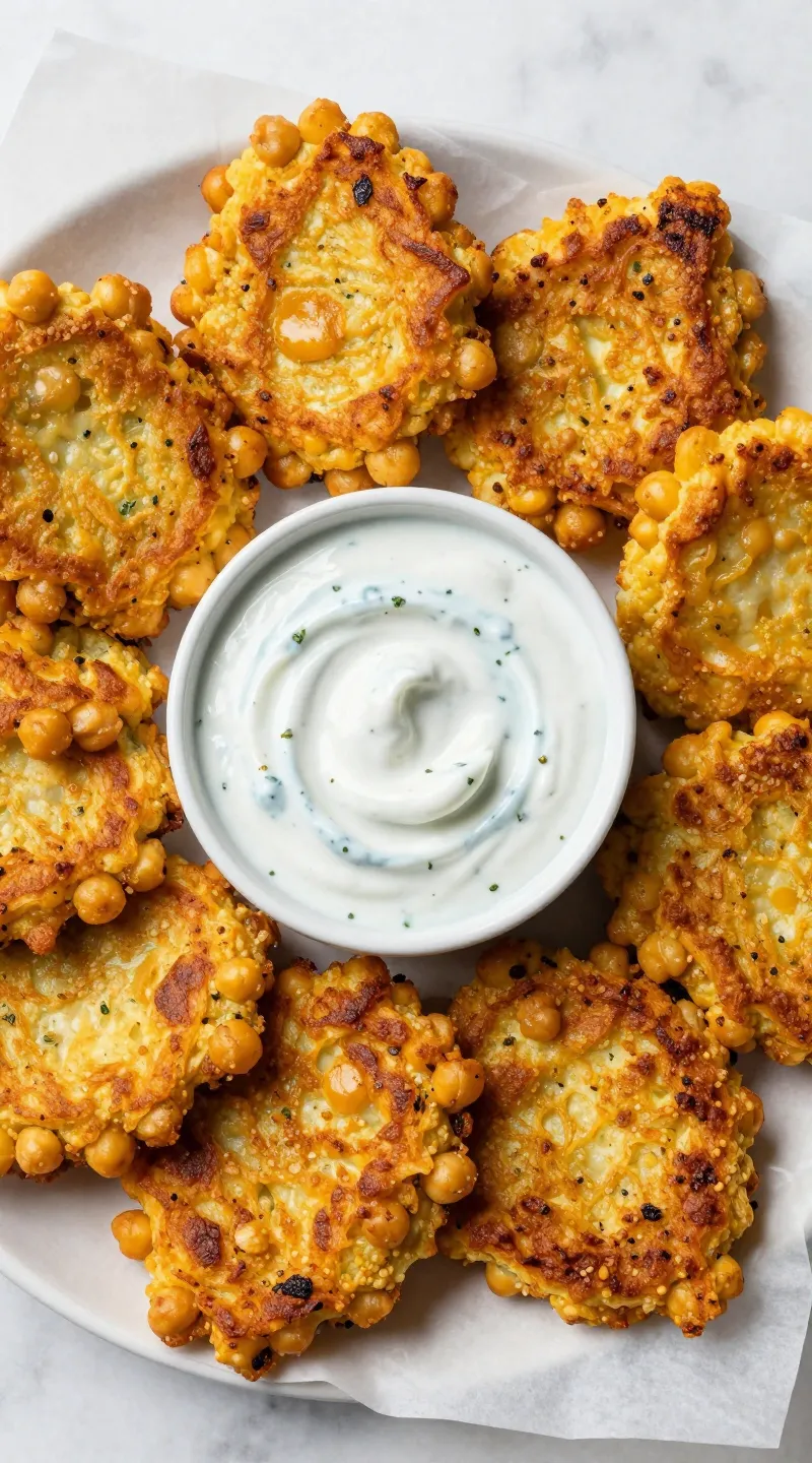 golden chickpea fritters on parchment with herby yogurt dip