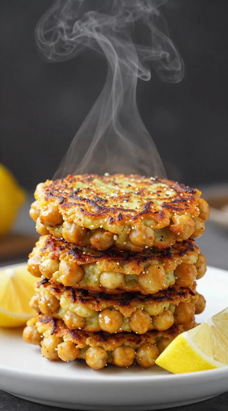 crispy chickpea fritters stacked, steam rising, lemon wedges nearby