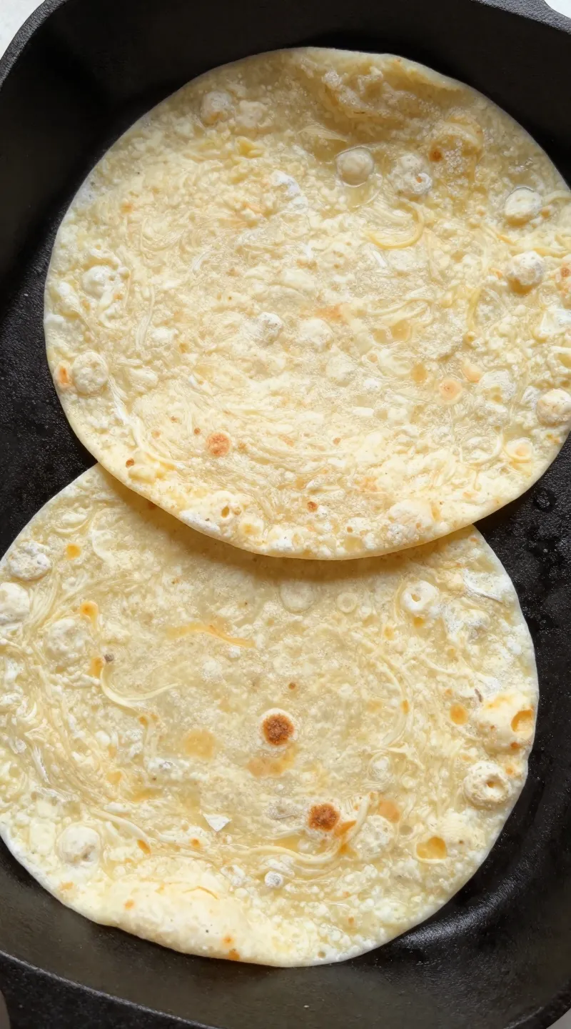 Chickpea flour tortillas on cast-iron skillet, overhead