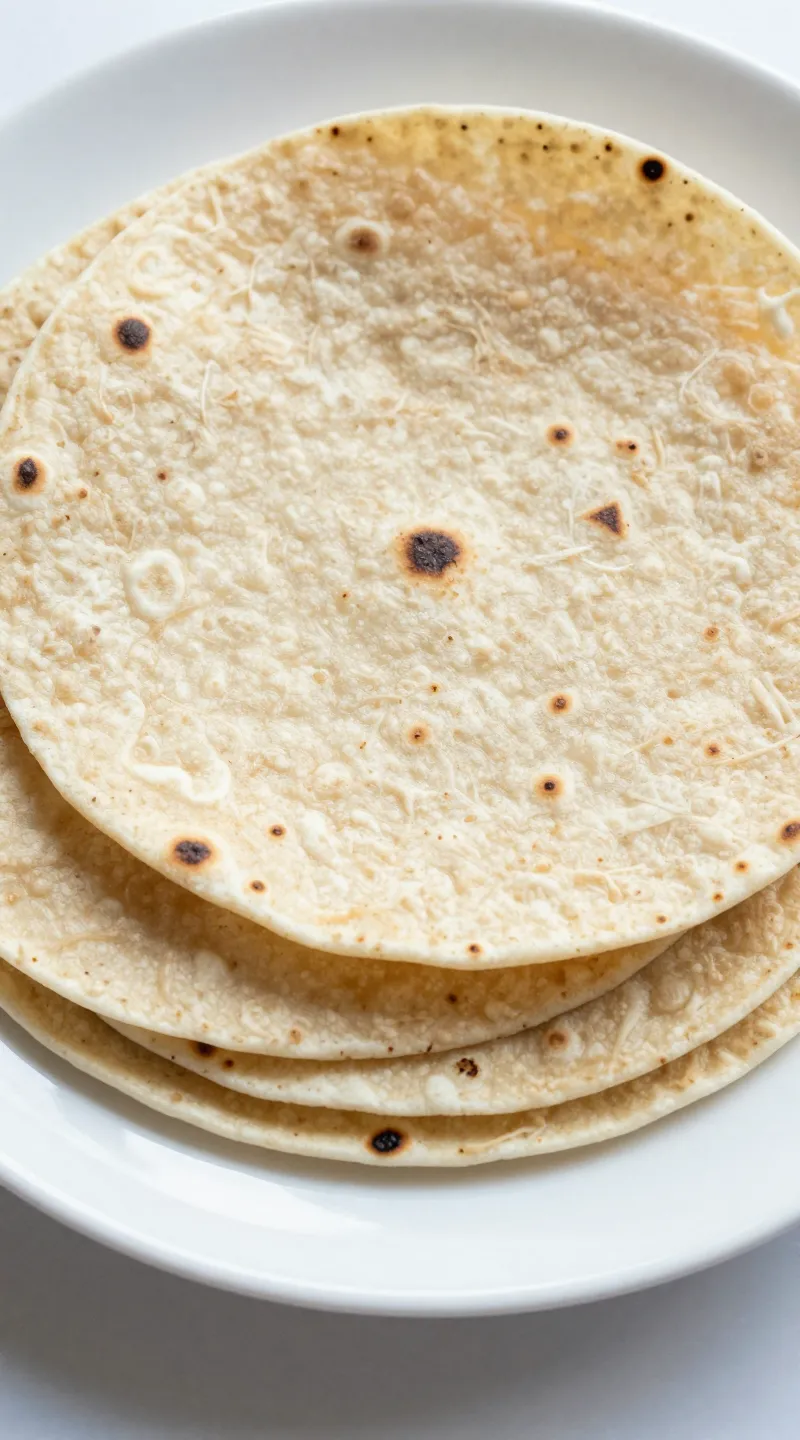 Stack of chickpea tortillas on white plate, natural light