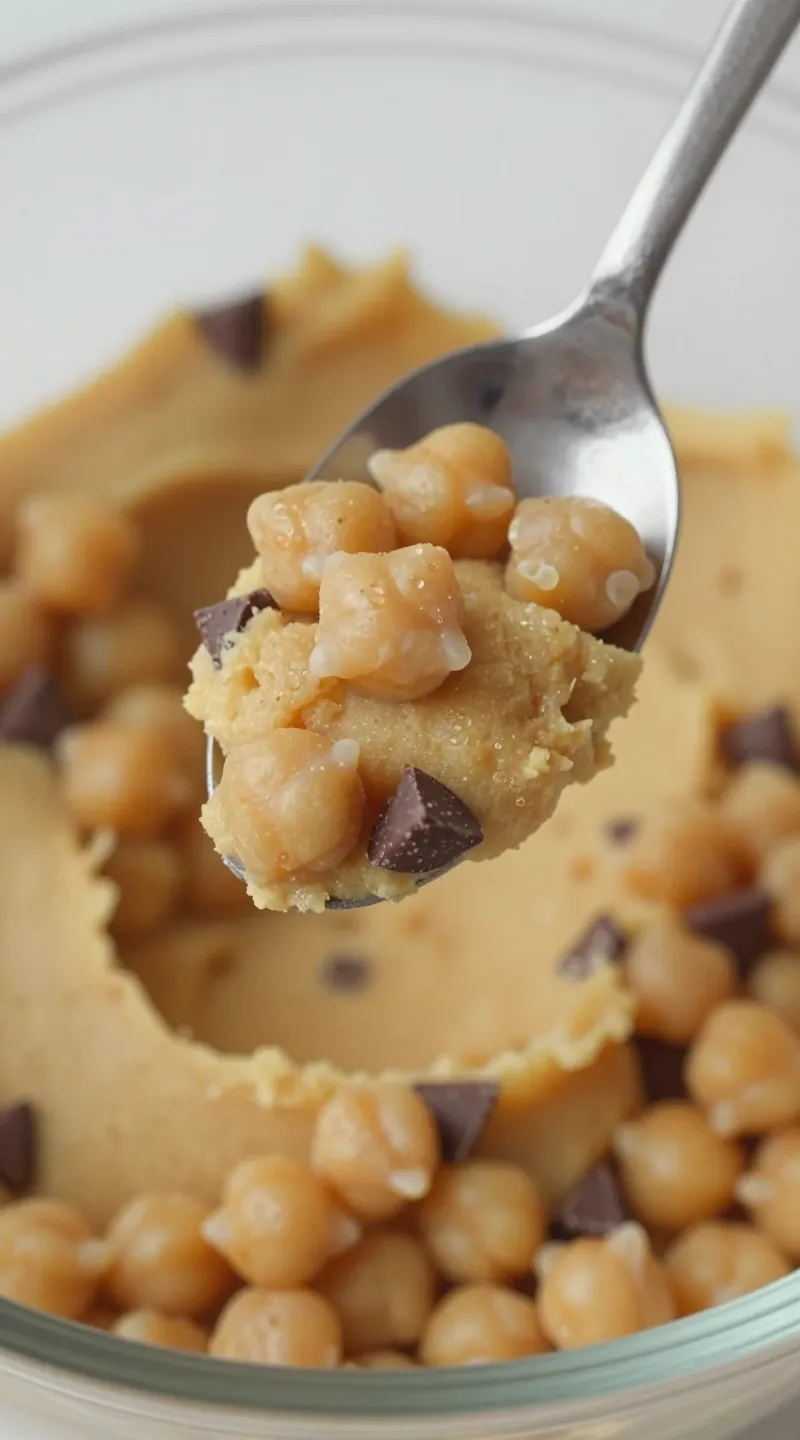 Spoon scooping chickpea cookie dough with chocolate chips