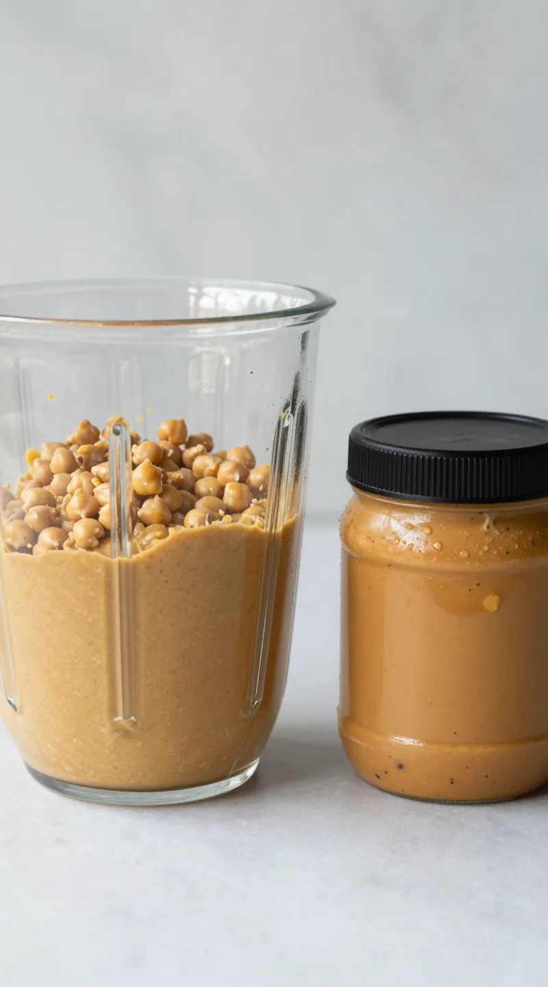 Blender jar of chickpea cookie dough beside peanut butter jar