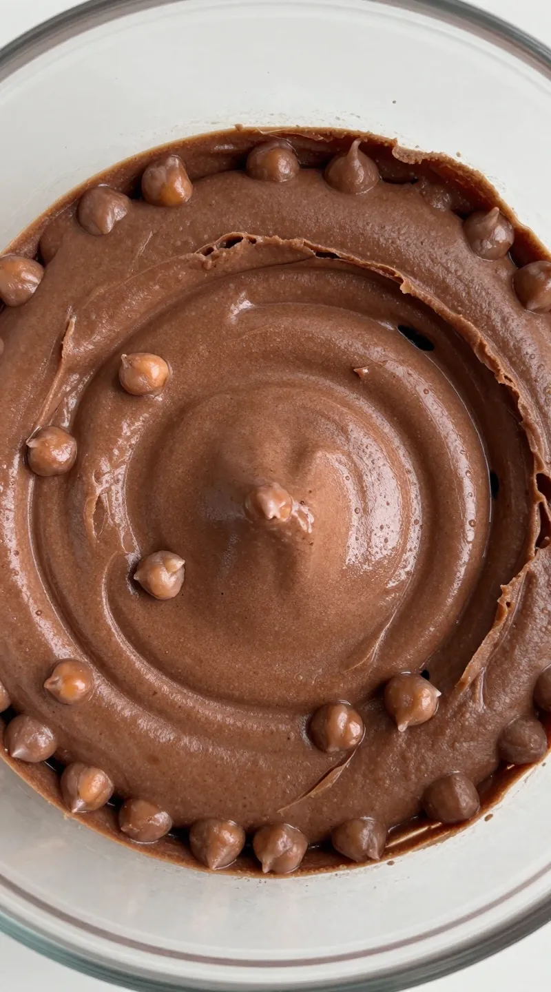 blender with silky chickpea cocoa batter, overhead shot