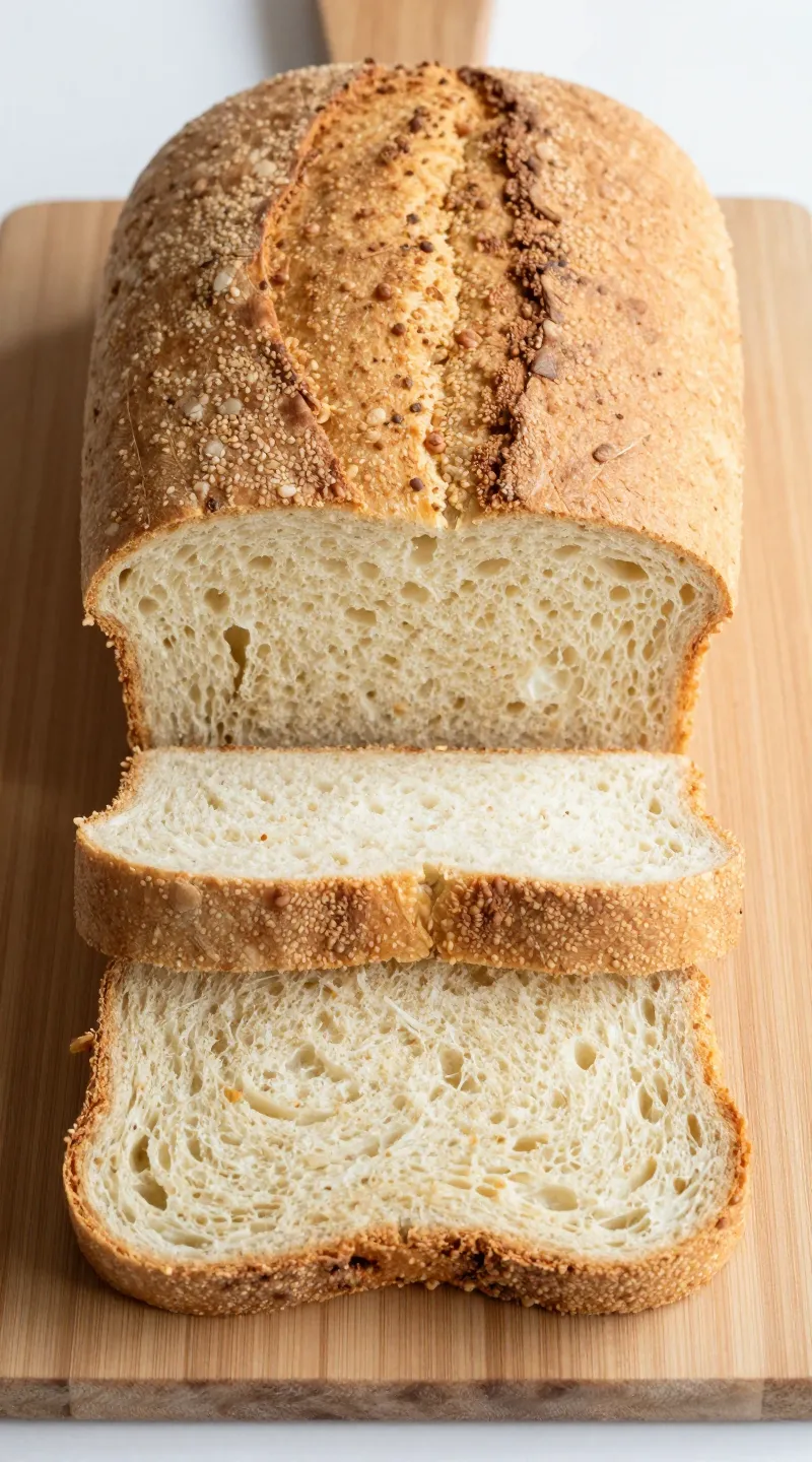 sliced chickpea flour bread loaf on wooden board