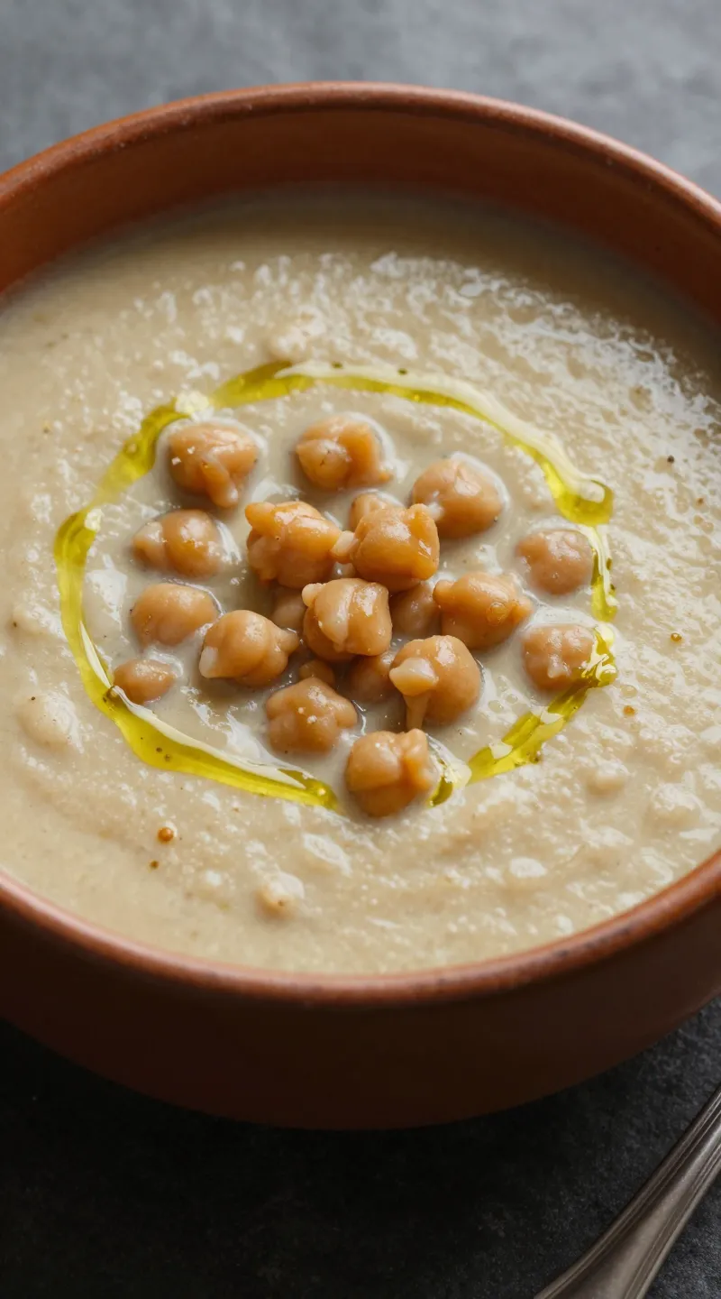 Tuscan chickpea soup in rustic bowl, olive oil drizzle