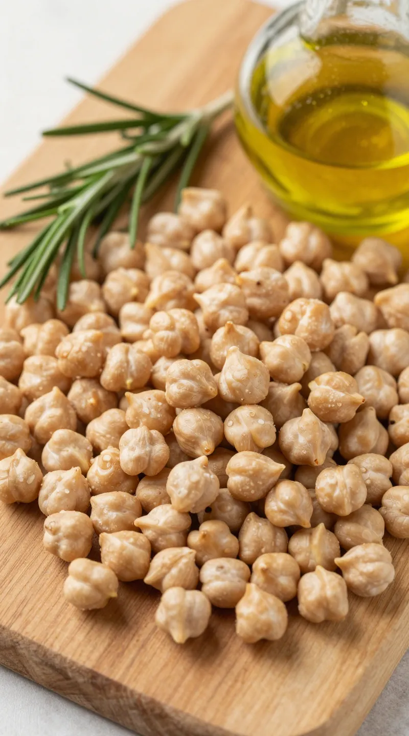 Chickpeas, rosemary, and olive oil on wooden board