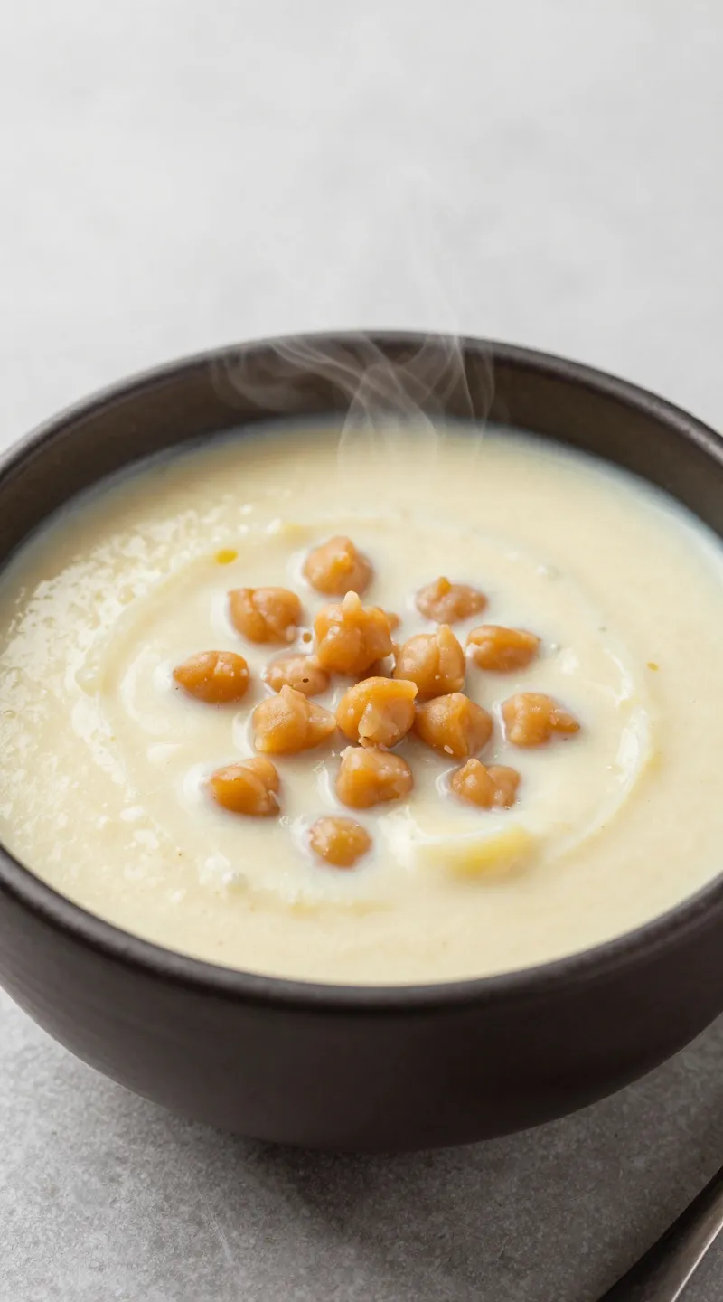 creamy chickpea potato soup in rustic bowl, steam rising