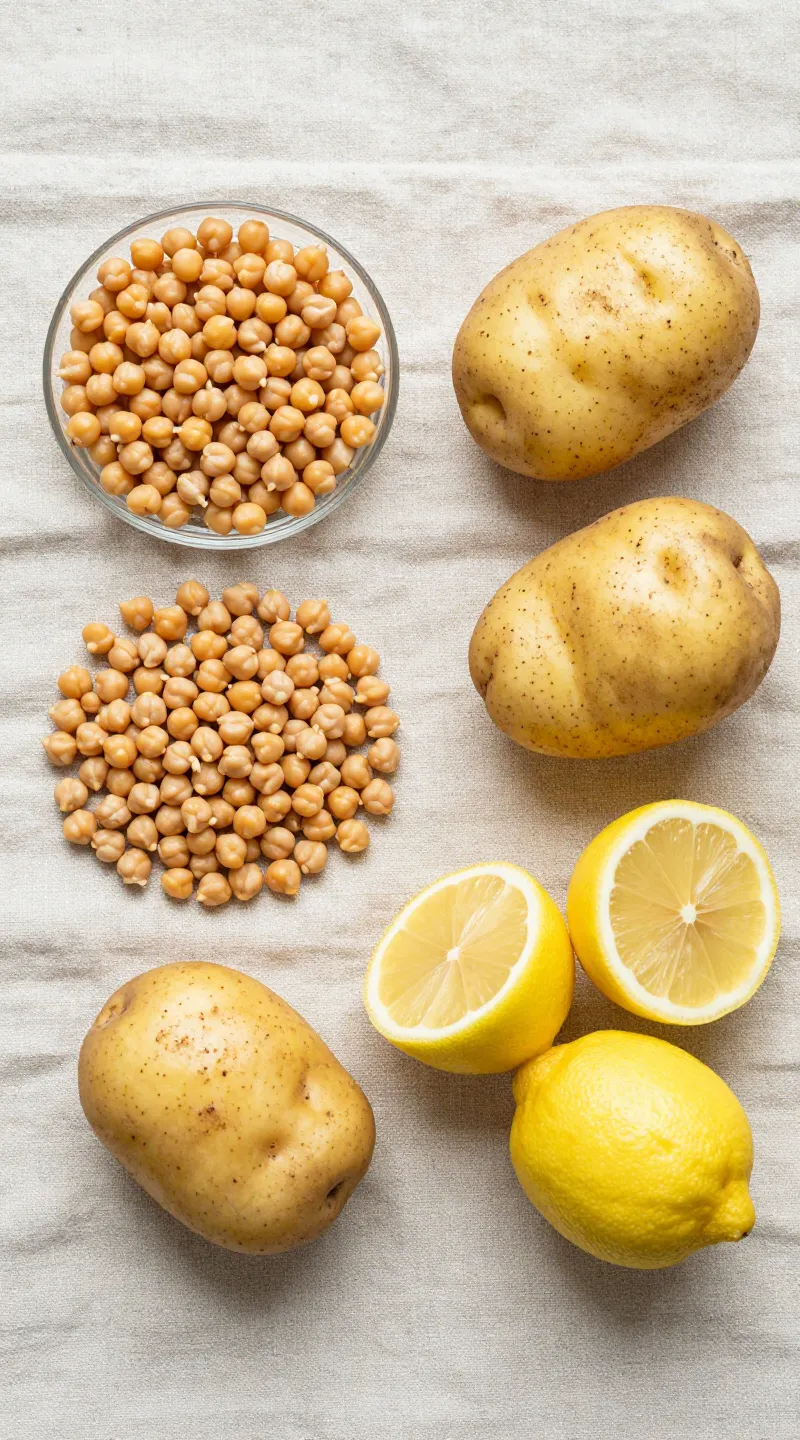 ingredients flatlay: chickpeas, potatoes, lemon, aromatics on linen