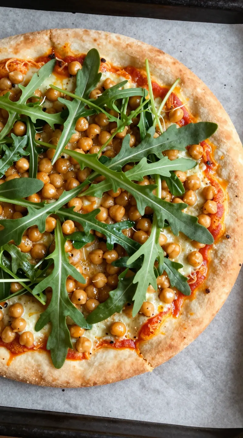 Chickpea pizza crust topped with arugula on baking stone