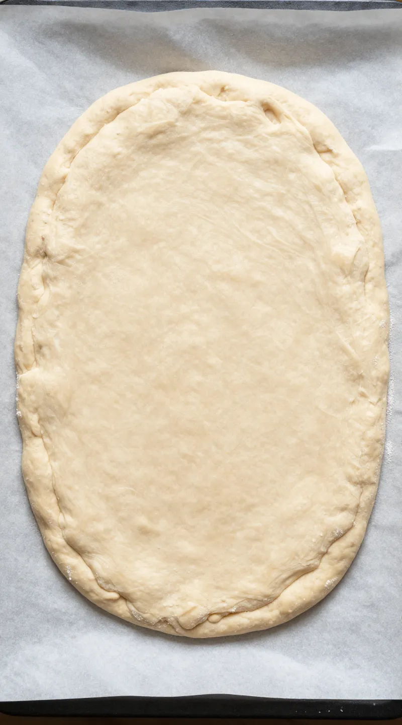 Unbaked chickpea flour pizza dough on parchment, overhead shot