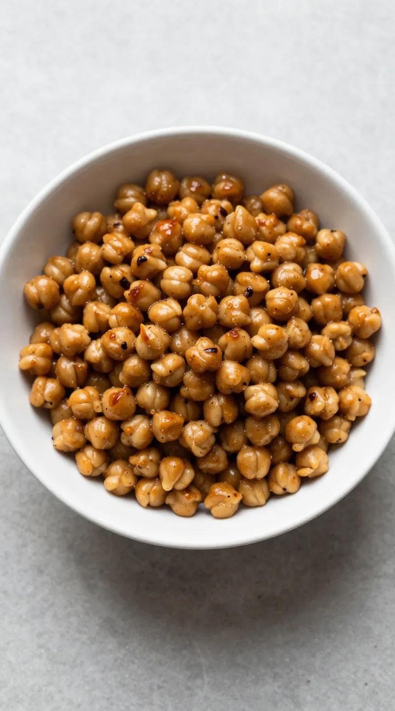 BBQ chickpea salad in white bowl, overhead, natural light