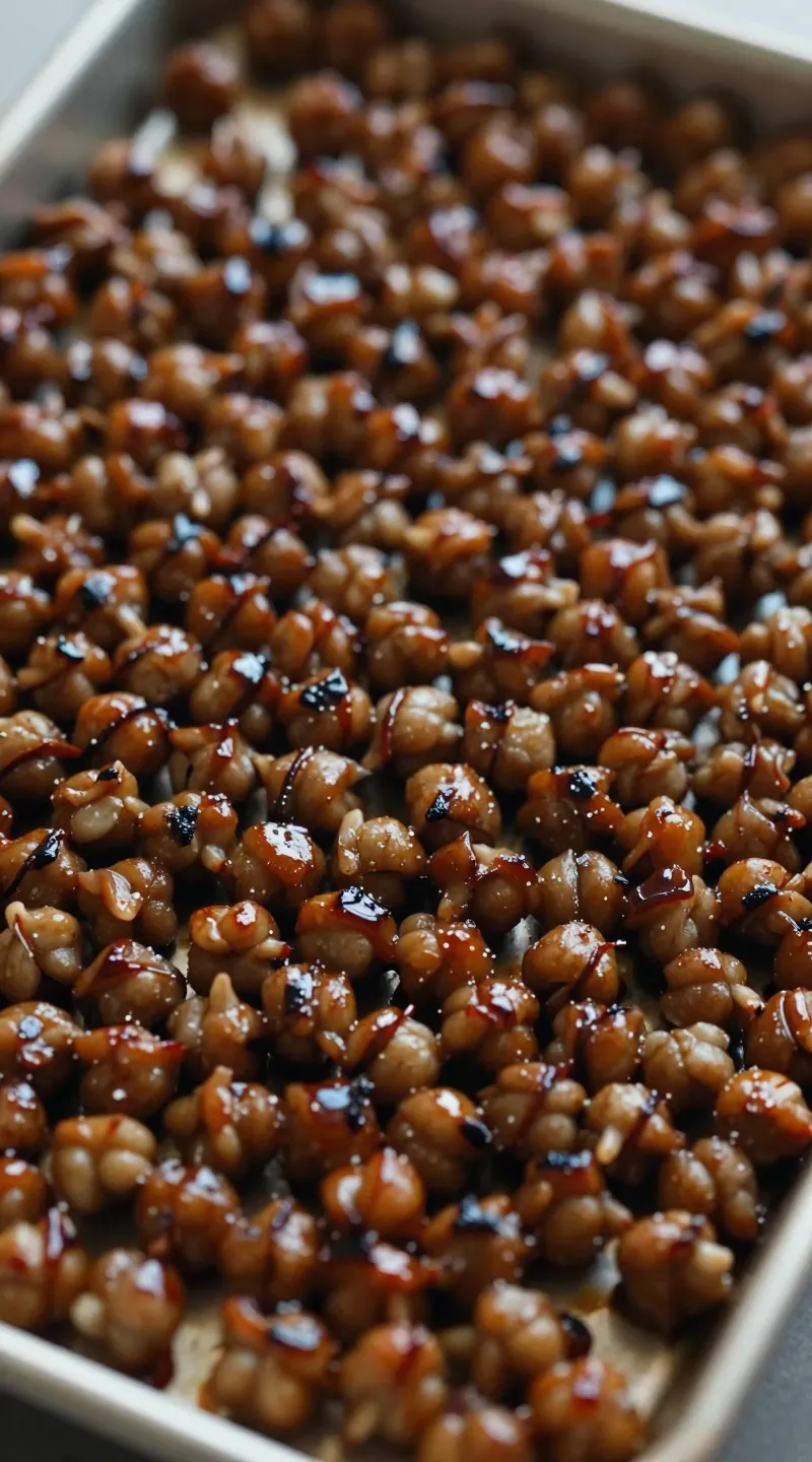 Smoky chickpeas on sheet pan with BBQ glaze, close-up