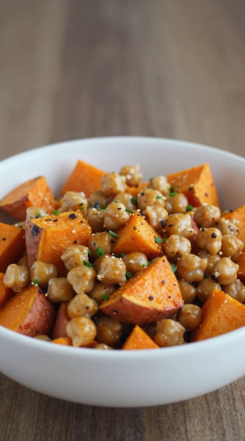 roasted sweet potato and chickpea salad in white bowl