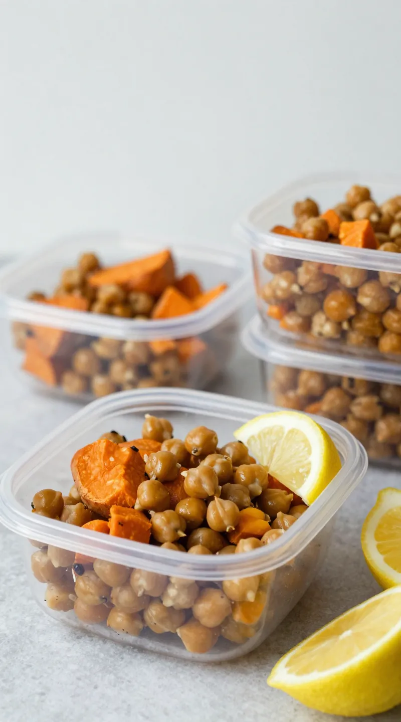 meal-prep containers with sweet potato chickpea salad, lemon wedges