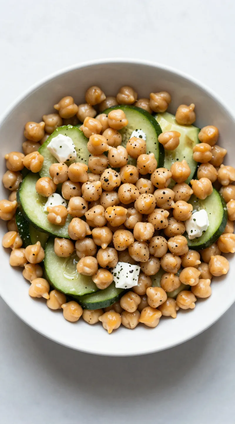 Chickpea Greek salad in white bowl, natural light overhead
