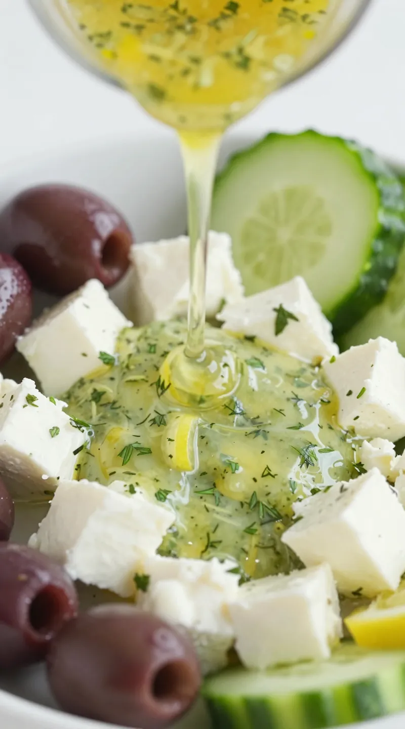 Lemon herb dressing drizzled over feta, olives, cucumber close-up