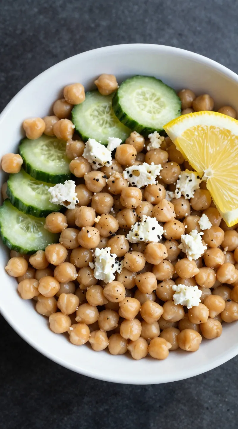 chickpea cucumber feta salad in white bowl, lemon wedge