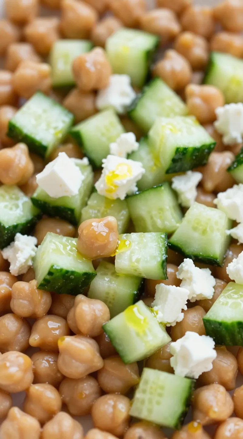 close-up of chickpeas, diced cucumber, crumbled feta, olive oil