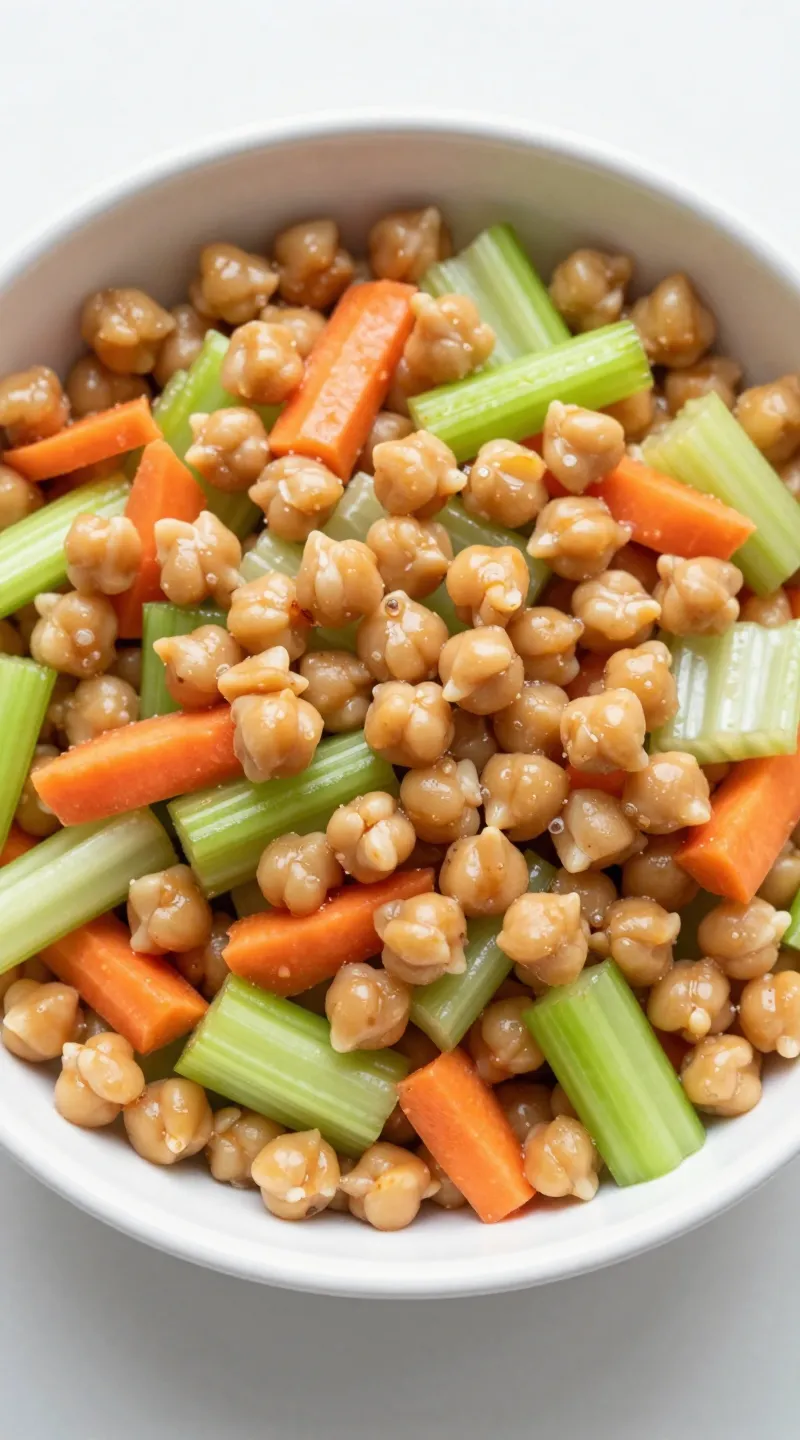 buffalo chickpea salad in white bowl with celery and carrots