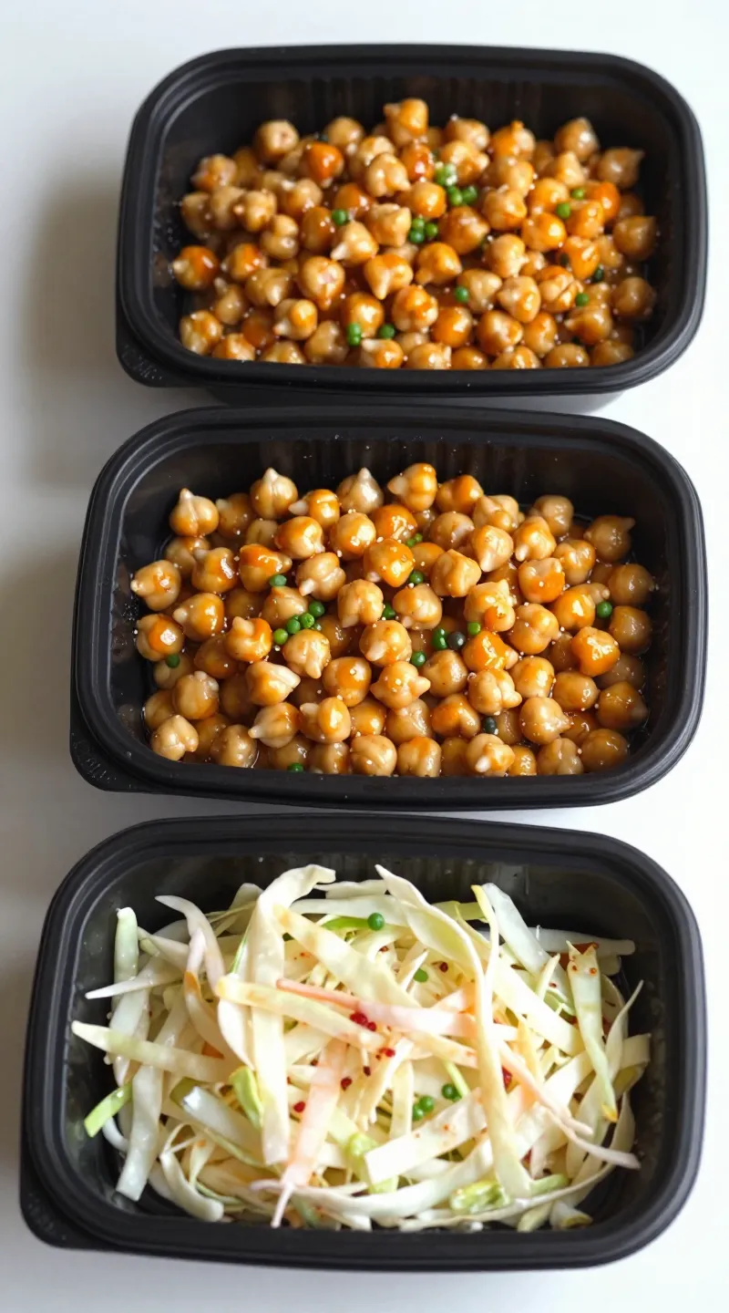 meal-prep containers of buffalo chickpea salad with cabbage slaw
