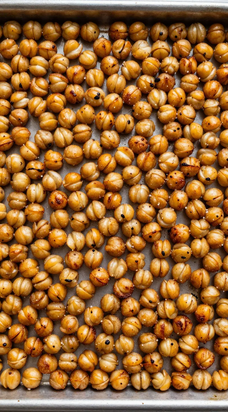 crispy roasted chickpeas in sheet pan, overhead, golden and salted