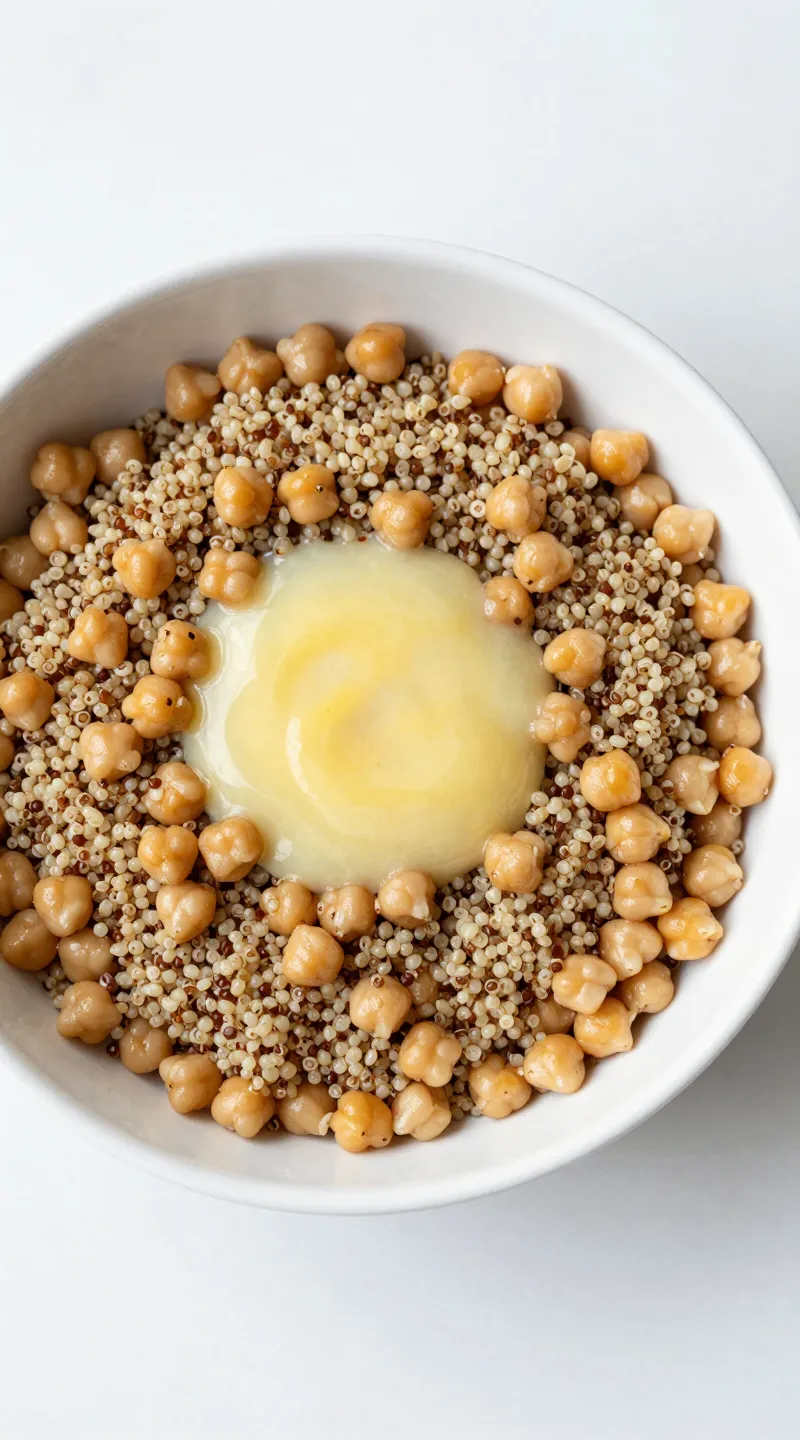 quinoa chickpea salad in white bowl, zesty lemon dressing