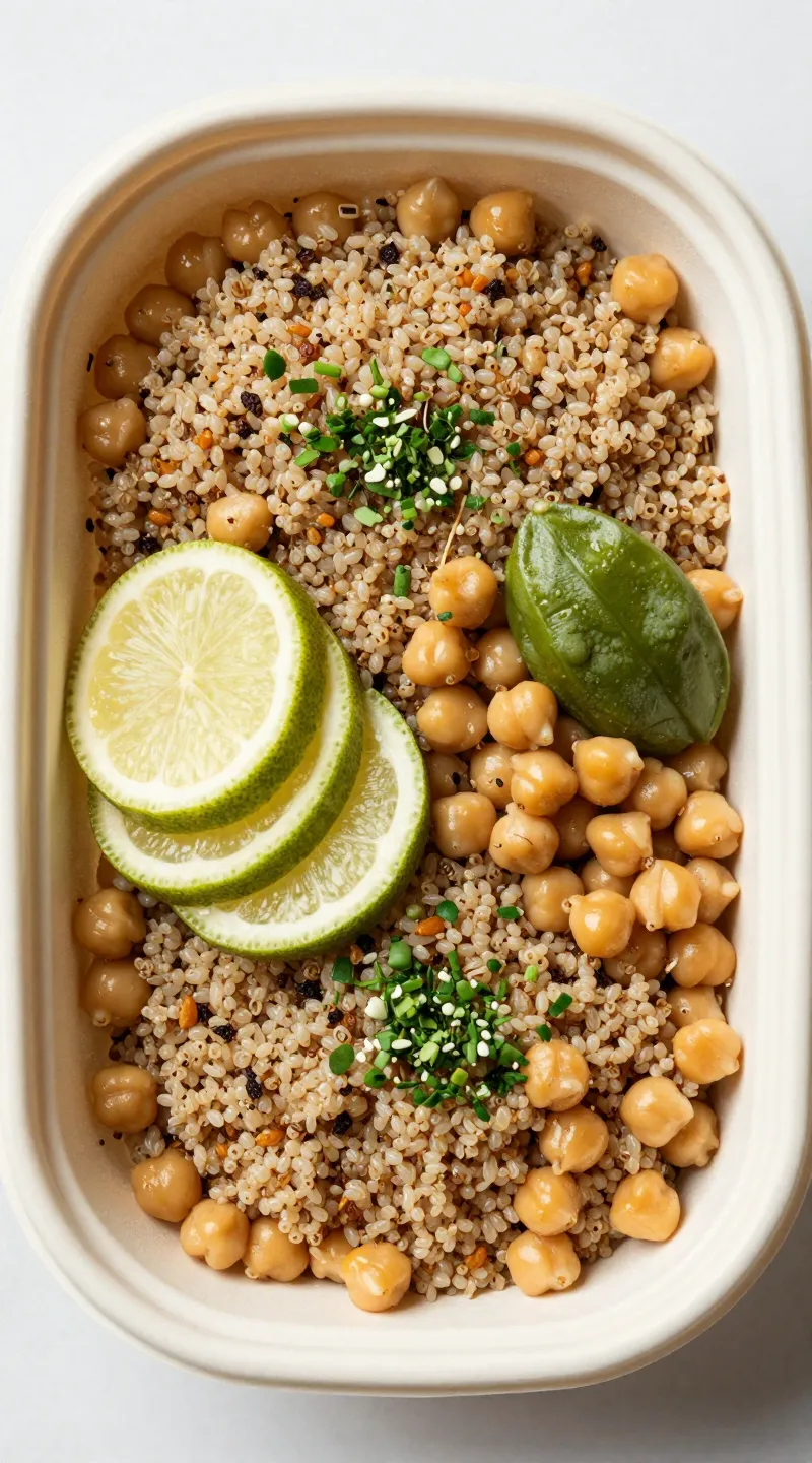 meal-prep quinoa chickpea bowls with herbs, overhead shot