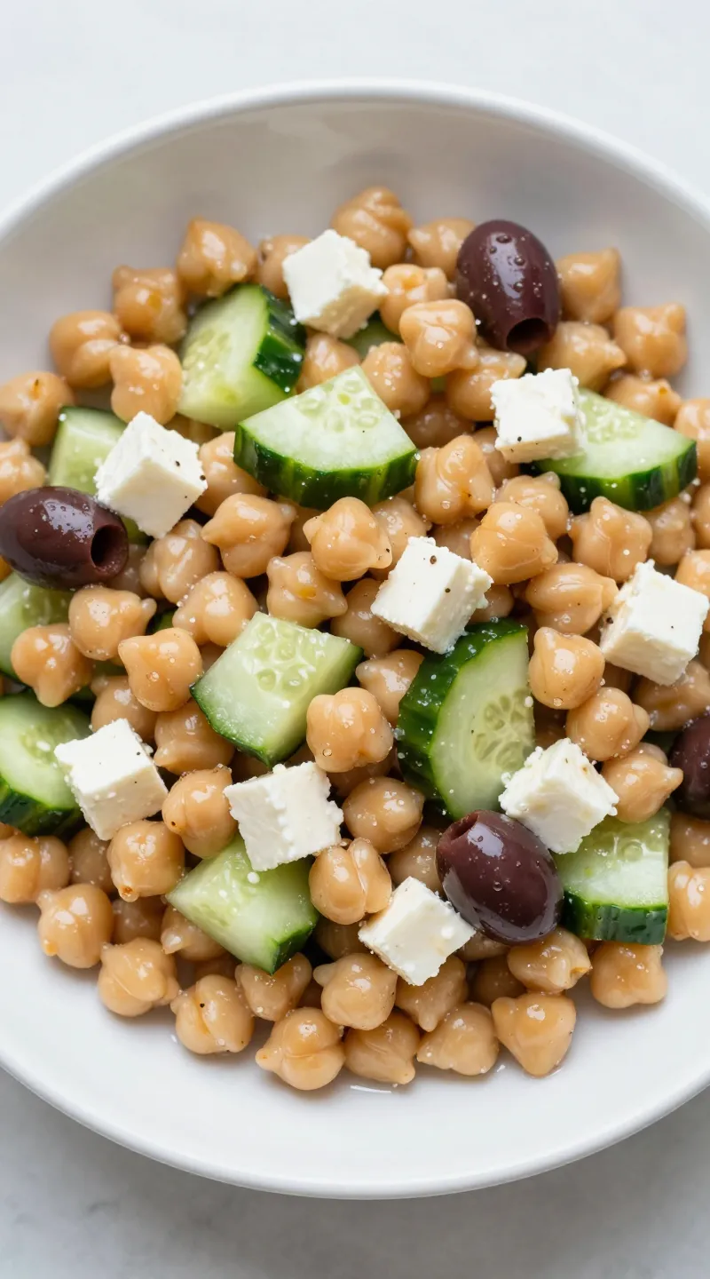 Greek chickpea salad with cucumber, feta, and olives