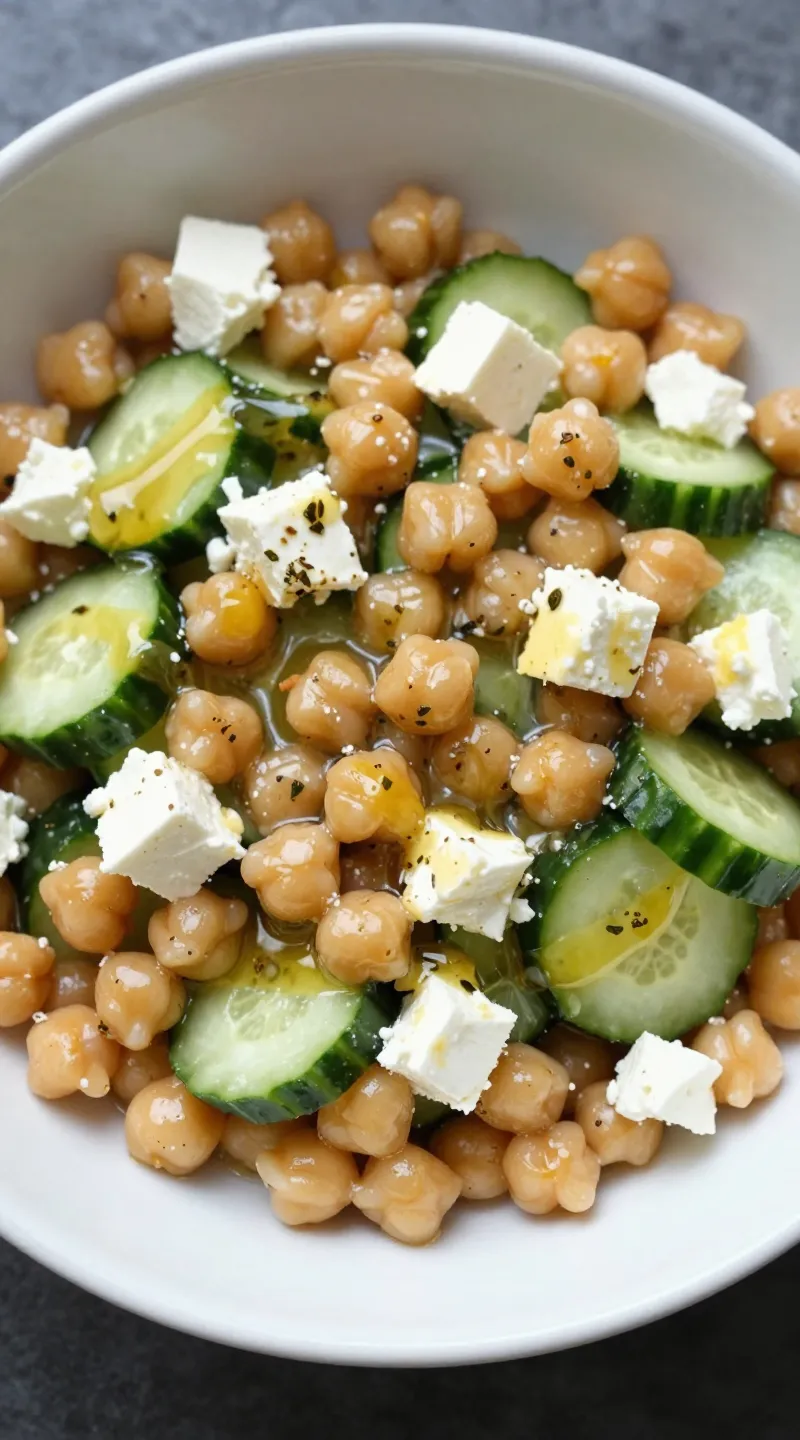 Lemon-oregano dressing drizzled over chickpeas, cucumber, and feta