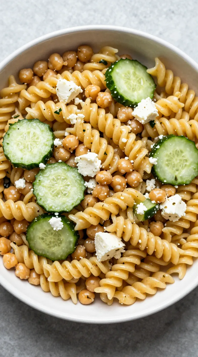 chickpea rotini pasta salad with cucumbers and feta, overhead