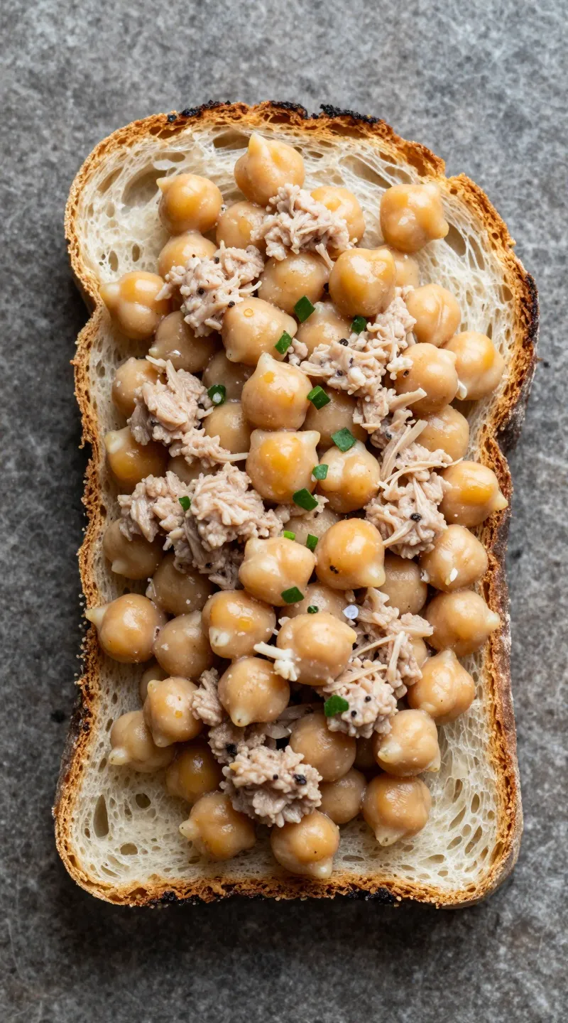 Chickpea “tuna” salad on sourdough, overhead, natural light