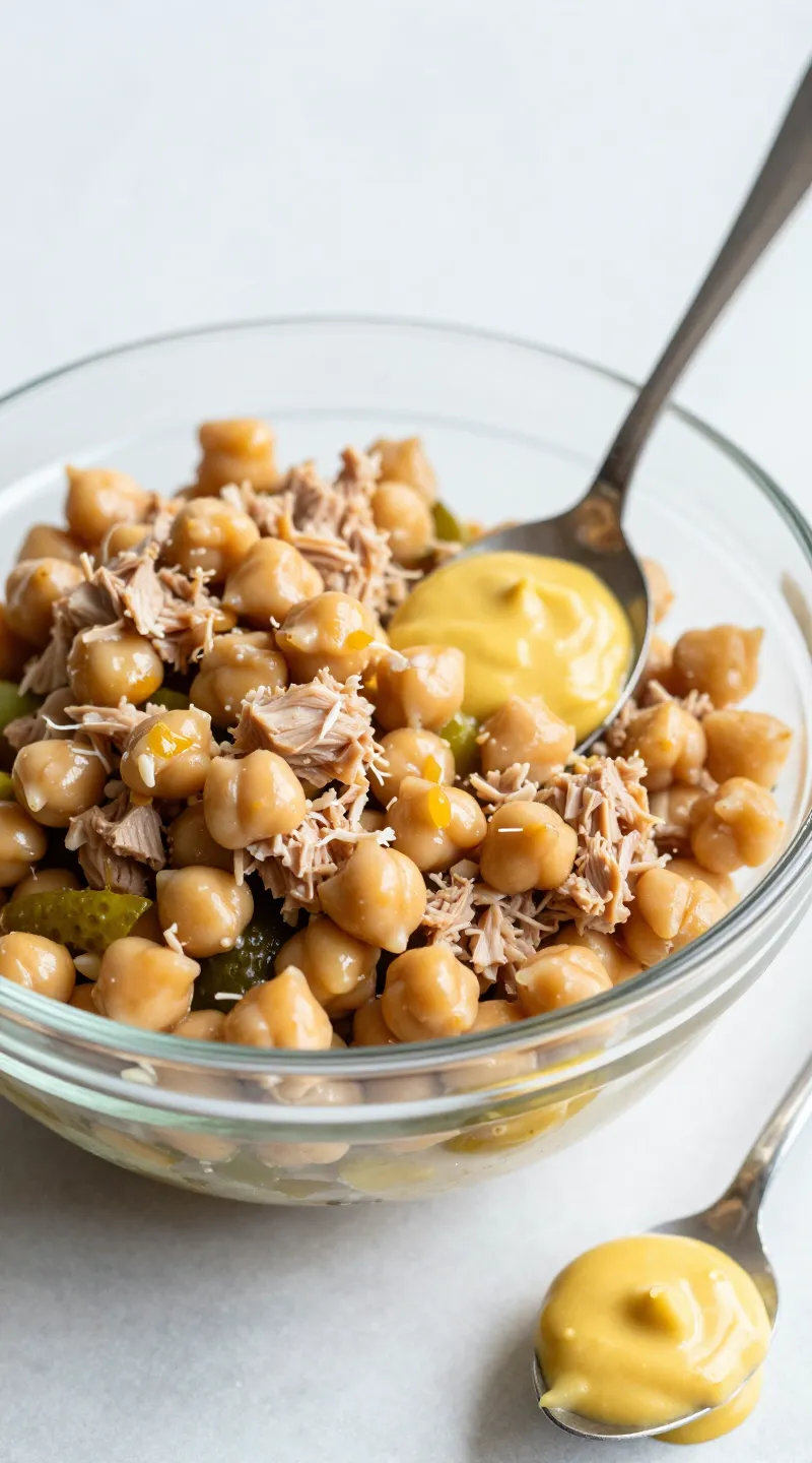 Glass bowl chickpea tuna salad with pickles and mustard spoon