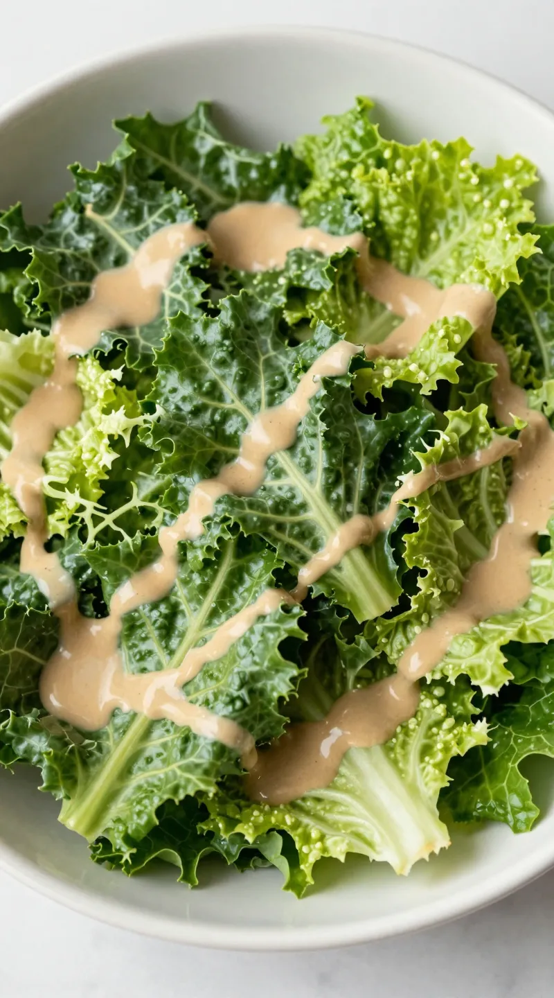 romaine and kale Caesar salad with tahini dressing drizzle