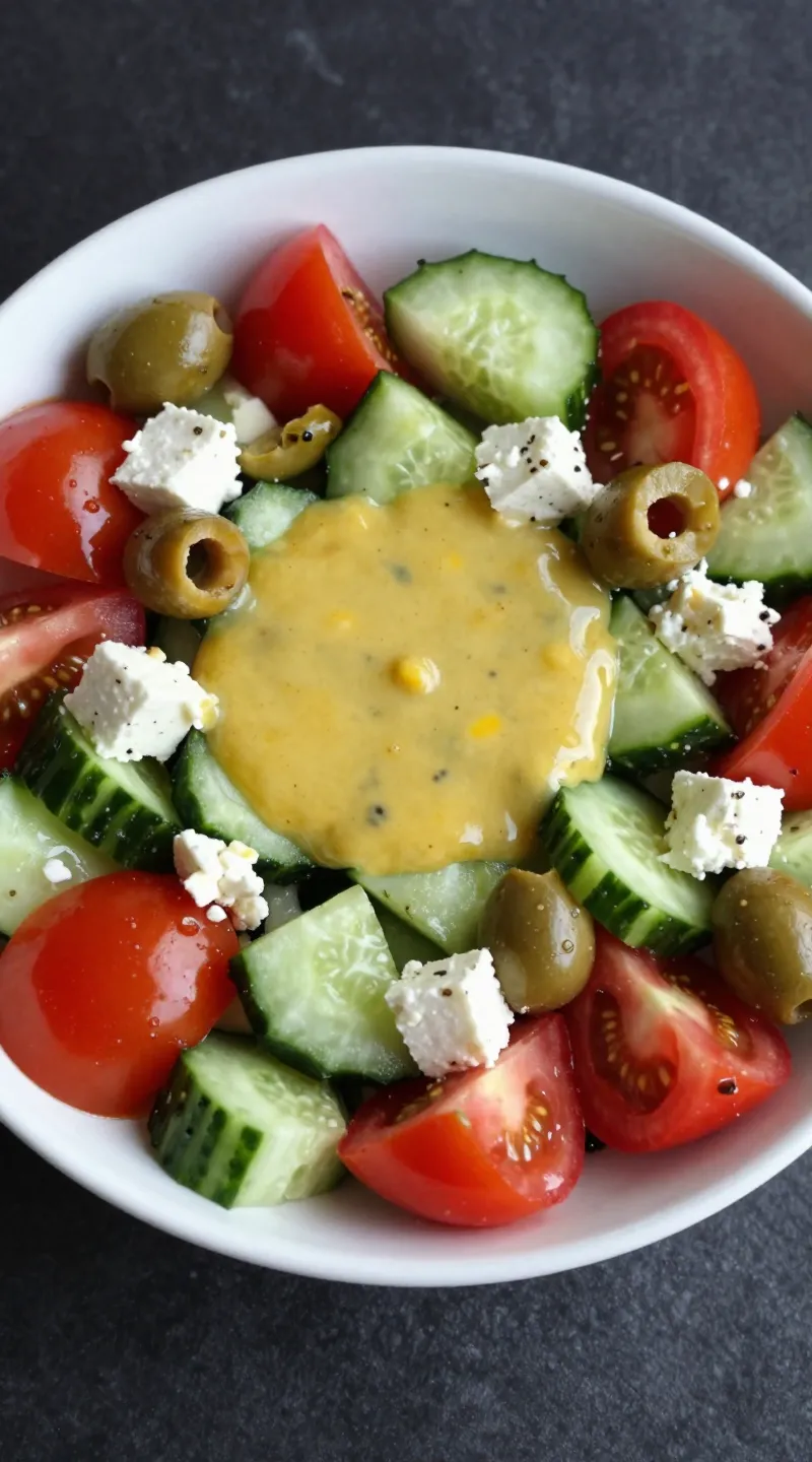 chopped salad with cucumbers, tomatoes, olives, feta, punchy dressing