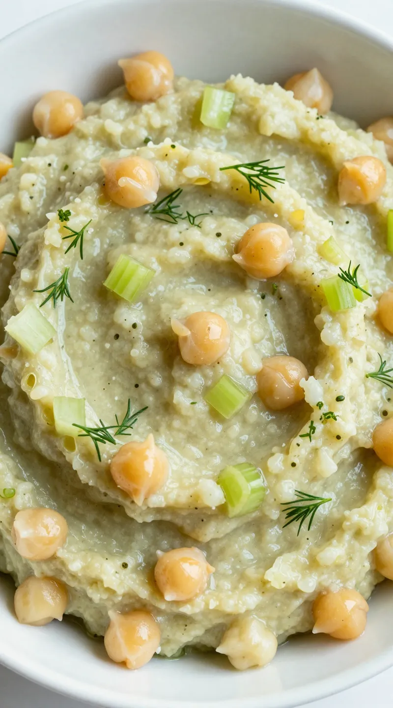 bowl of mashed chickpeas with celery and dill, close-up