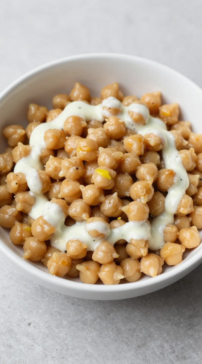 Mediterranean chickpea salad in white bowl, lemon vinaigrette drizzle