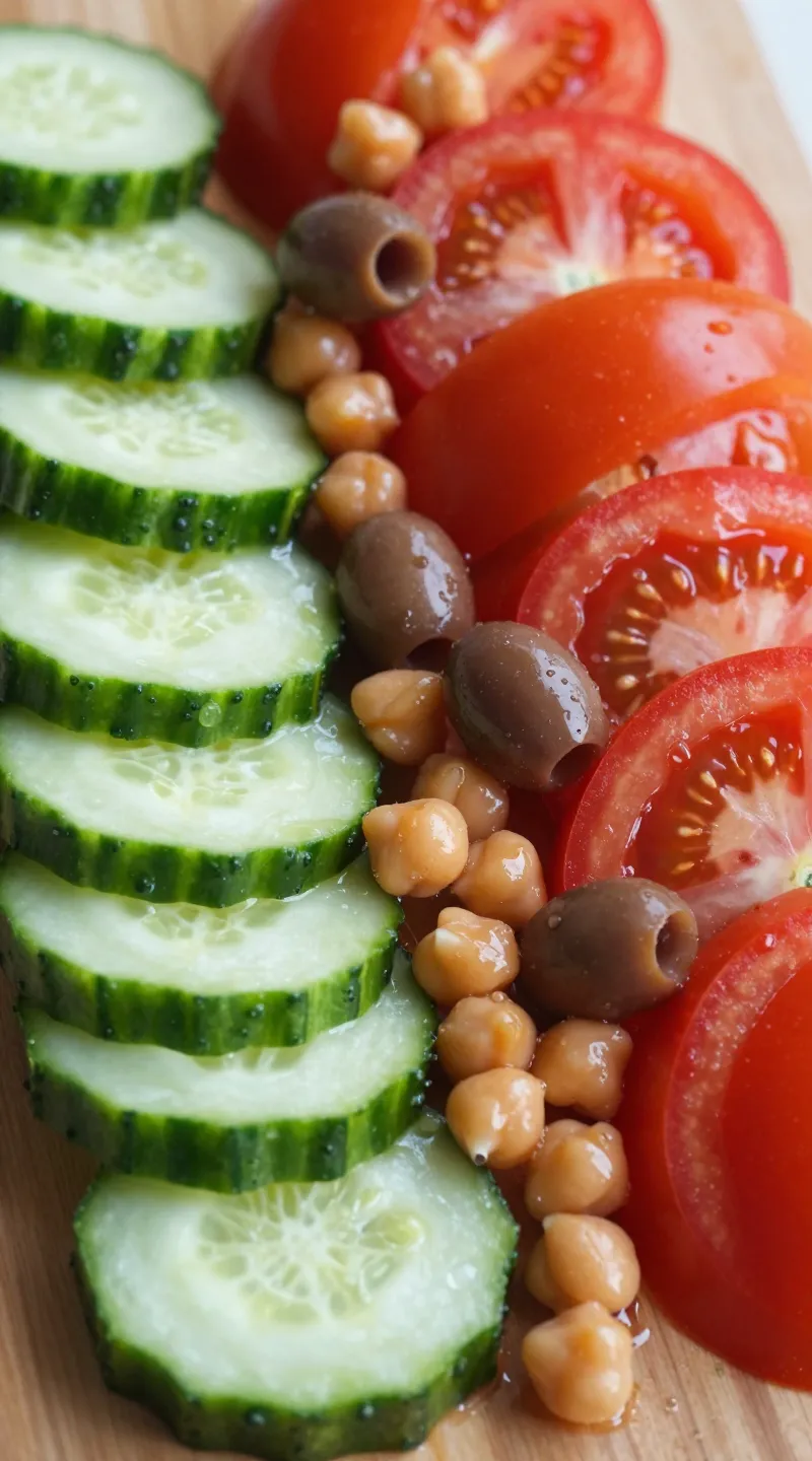 Close-up chopped cucumbers, tomatoes, olives, chickpeas on board