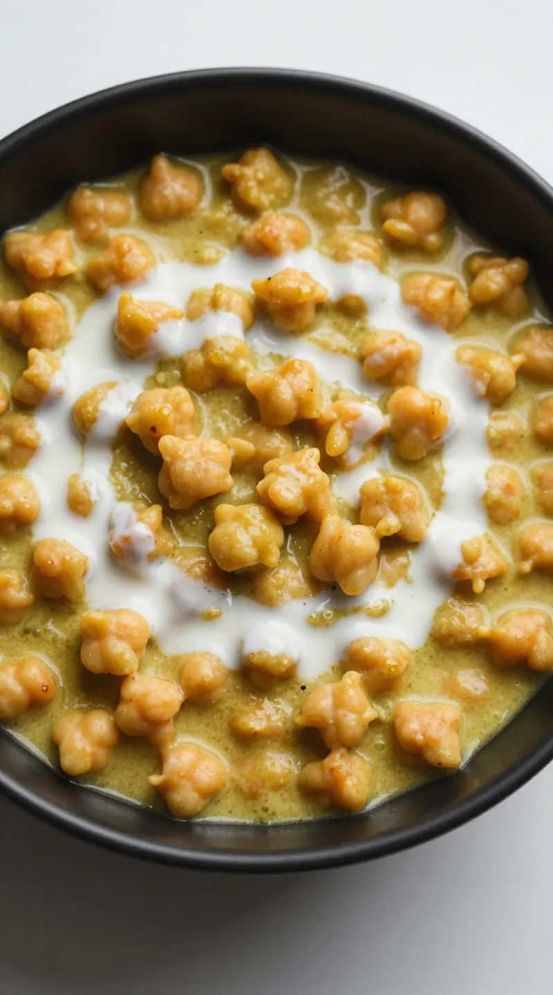 chickpea curry with coconut milk in black bowl