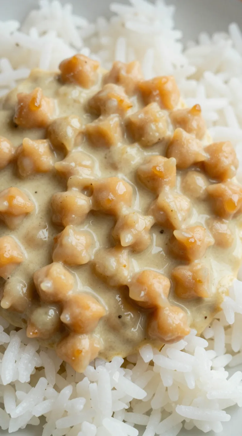 close-up of creamy chickpea curry with steamed rice