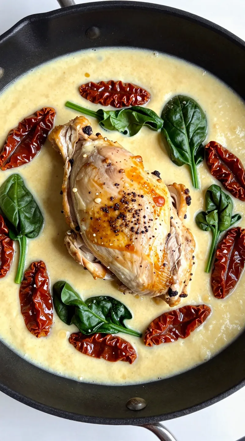 creamy Tuscan chicken in skillet with sun-dried tomatoes and spinach