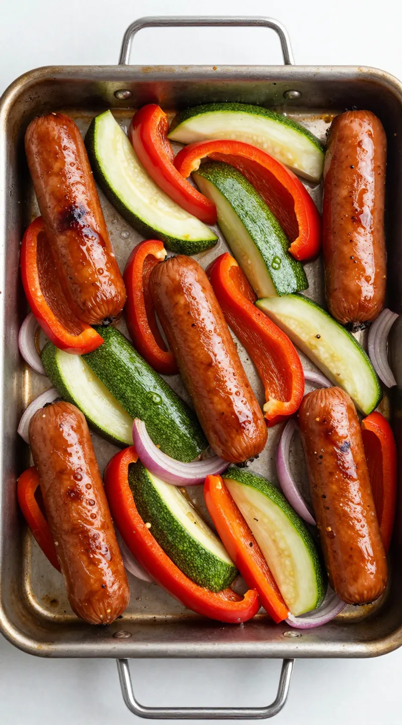 Sheet pan sausage with peppers, zucchini, and red onion