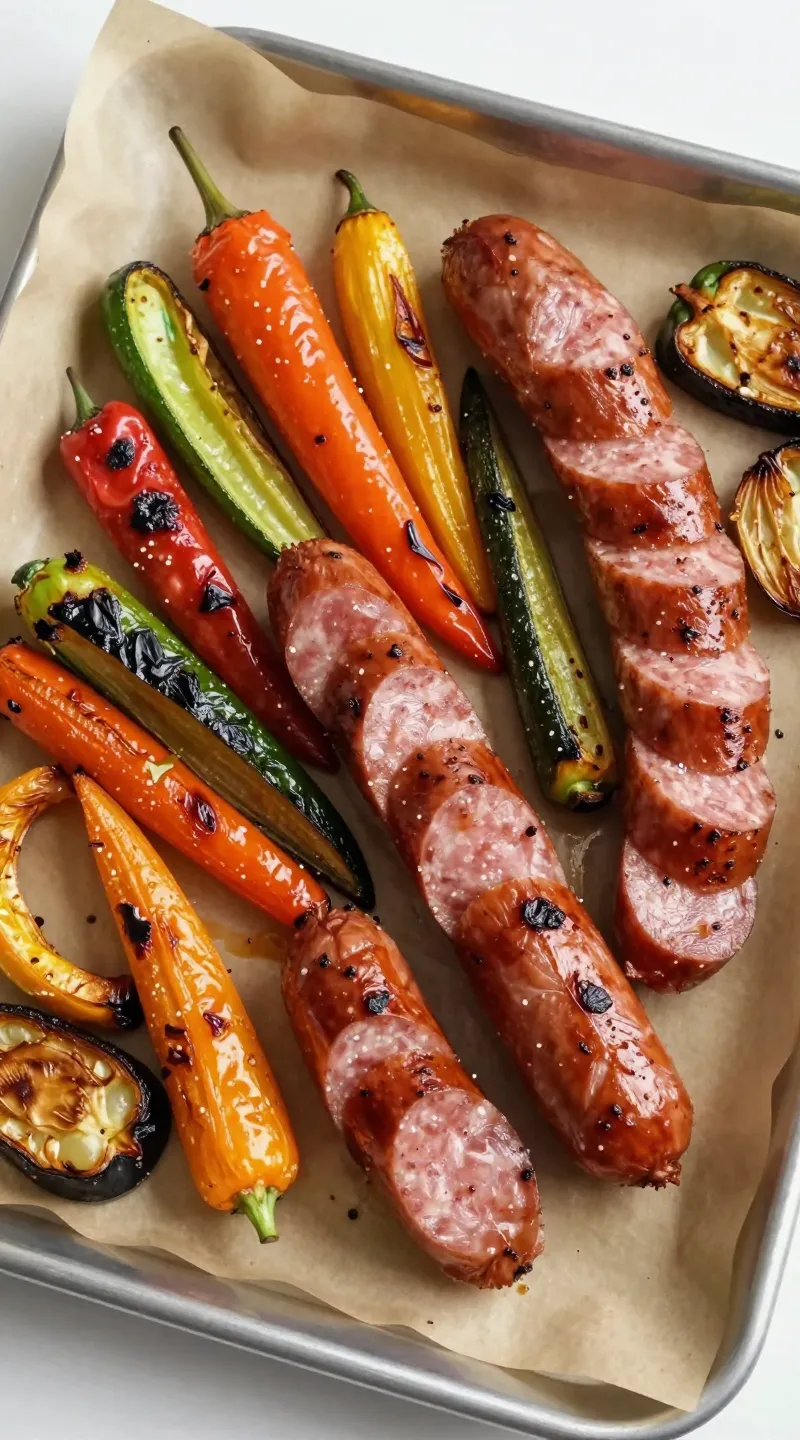 Roasted veggies and sliced smoked sausage on parchment-lined tray