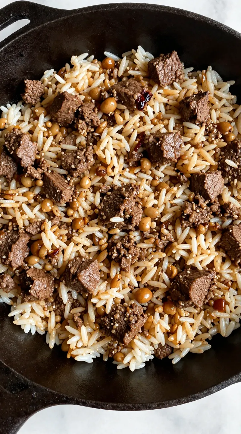 Ground beef and rice skillet in cast-iron, overhead
