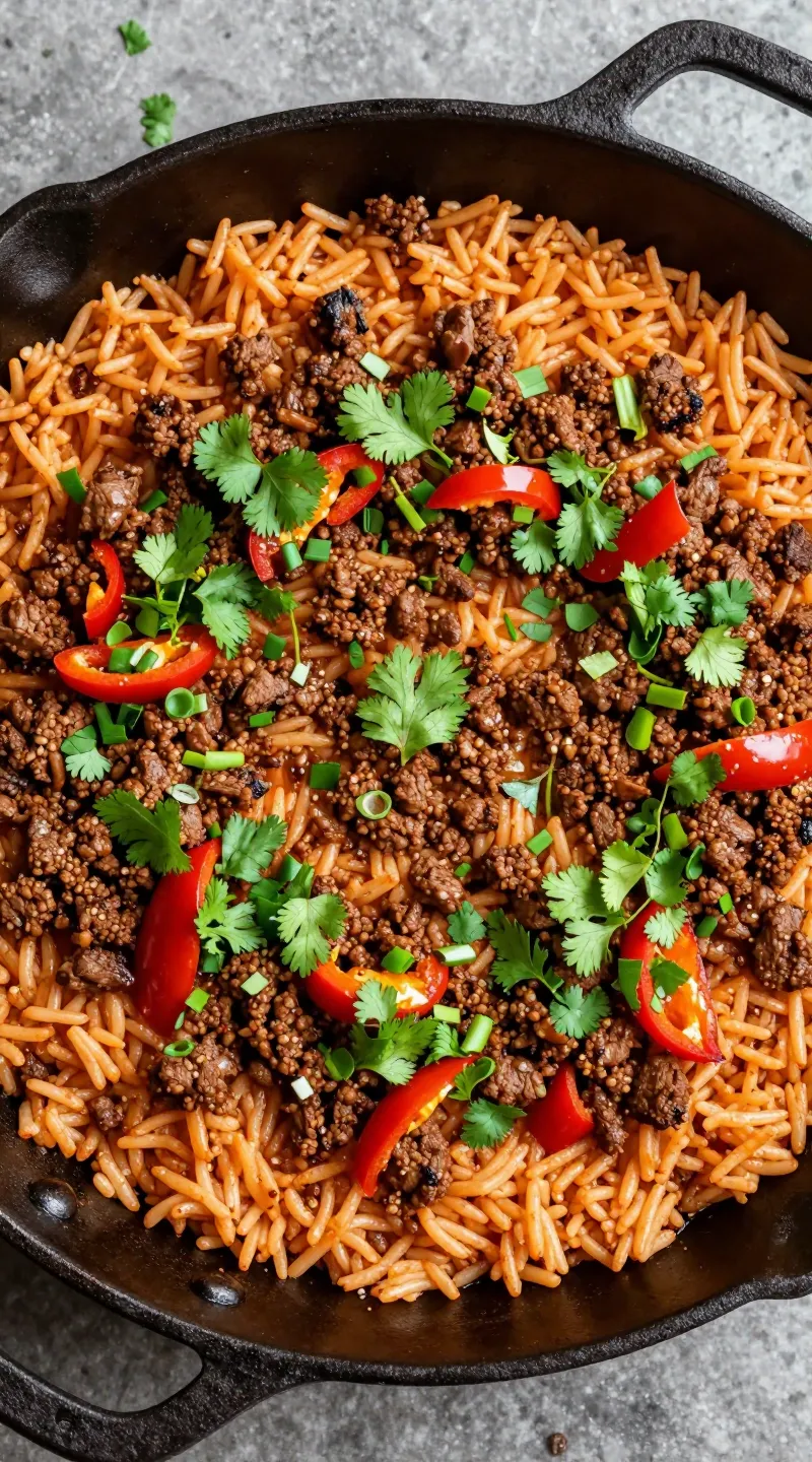 Tex-Mex ground beef rice skillet with peppers, cilantro garnish
