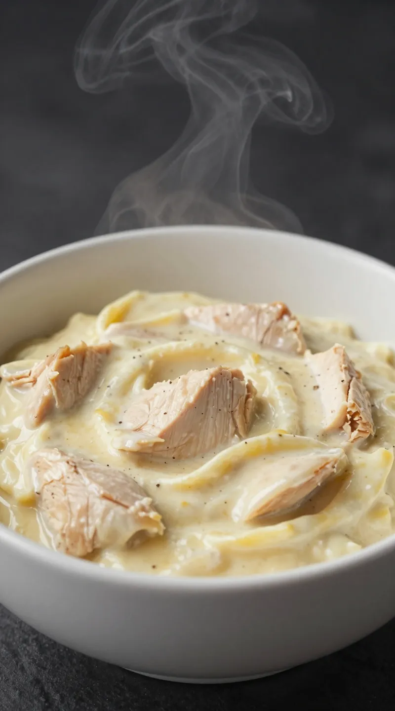 creamy chicken alfredo in white bowl, steam rising