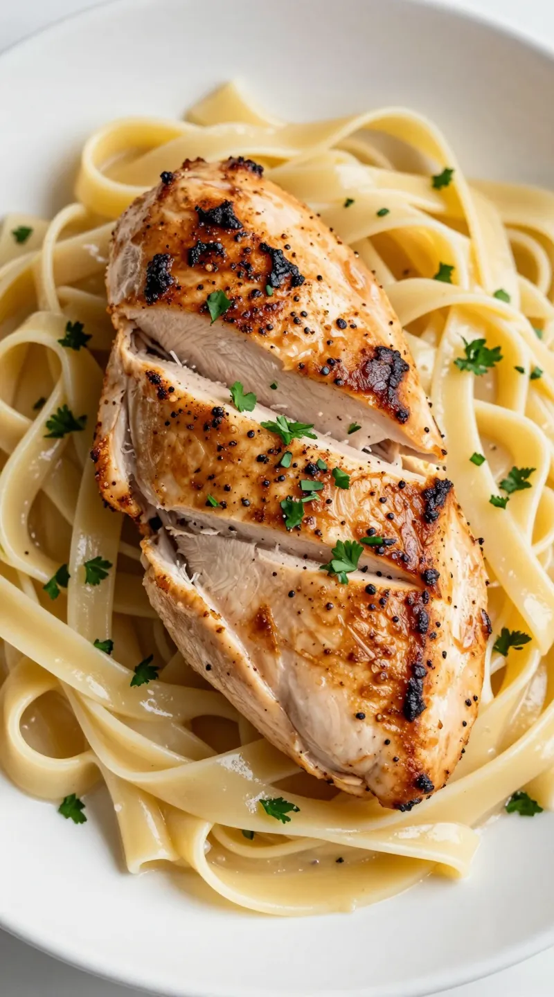 seared chicken slices over fettuccine alfredo, parsley garnish